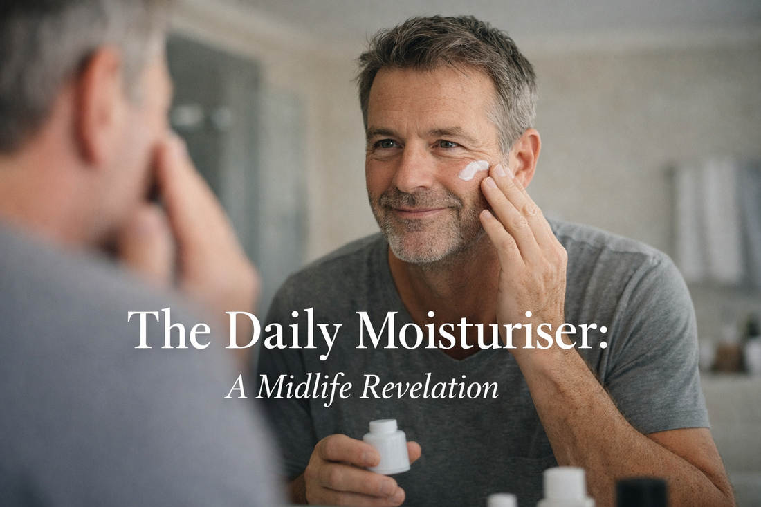 Middle-aged man applying face moisturiser in a bathroom mirror, natural light, relaxed morning routine