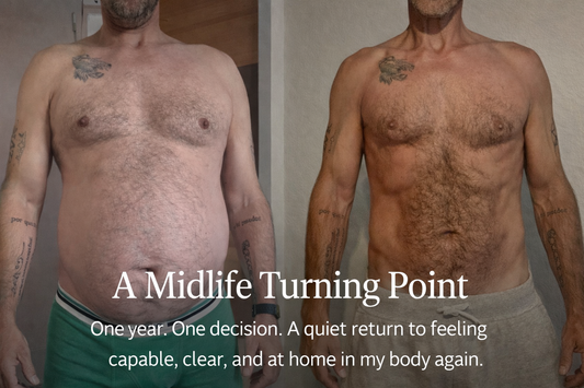 Before/after lifestyle transformation image — illustrating midlife shift in “My Midlife Turning Point”